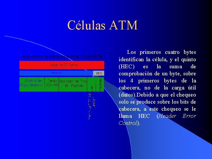 Células ATM Los primeros cuatro bytes identifican la célula, y el quinto (HEC) es