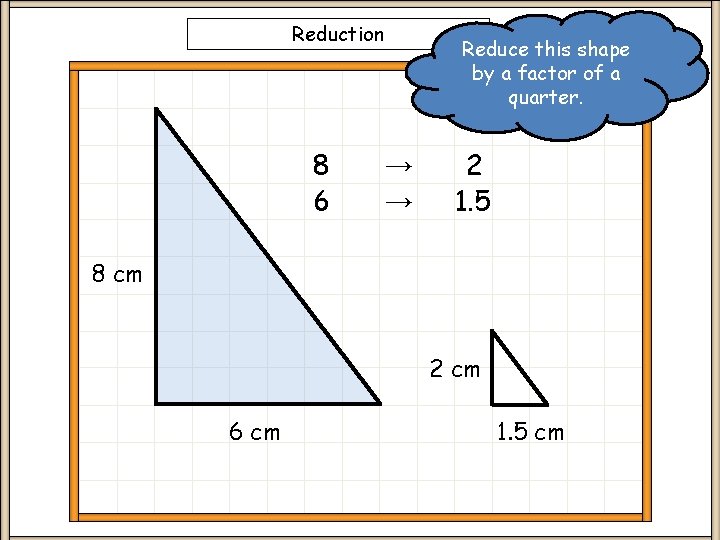 Reduction 8 6 Reduce this shape by a factor of a quarter. → →