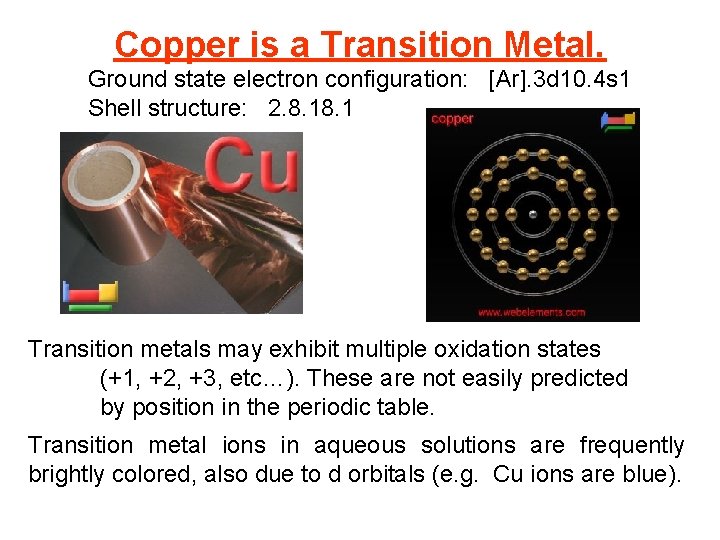 Copper is a Transition Metal. Ground state electron configuration: [Ar]. 3 d 10. 4