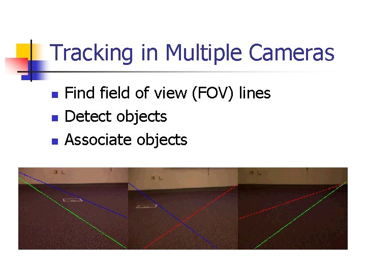 Tracking in Multiple Cameras n n n Find field of view (FOV) lines Detect