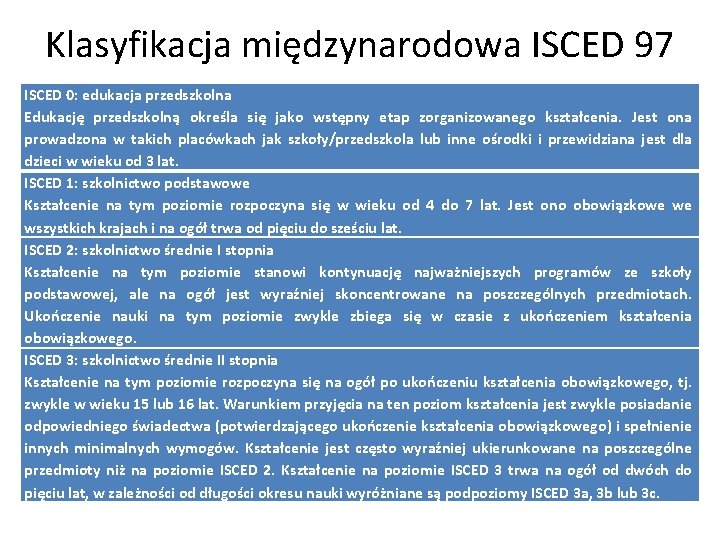 Klasyfikacja międzynarodowa ISCED 97 ISCED 0: edukacja przedszkolna Edukację przedszkolną określa się jako wstępny