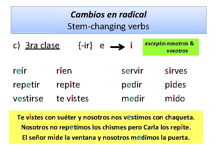 Cambios en radical Stem-changing verbs c) 3 ra clase reír repetir vestirse {-ir} e