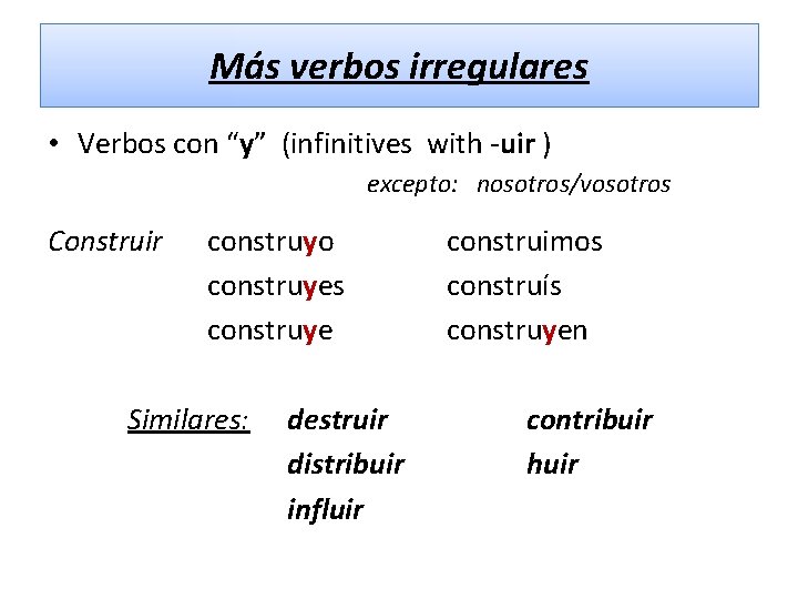 Más verbos irregulares • Verbos con “y” (infinitives with -uir ) excepto: nosotros/vosotros Construir