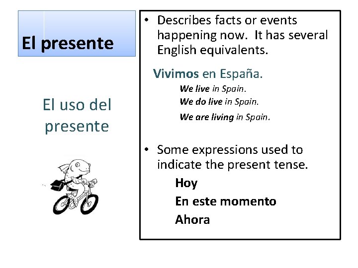 El presente • Describes facts or events happening now. It has several English equivalents.