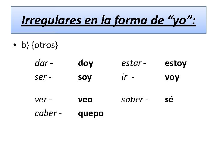 Irregulares en la forma de “yo”: • b) {otros} dar ser - doy soy
