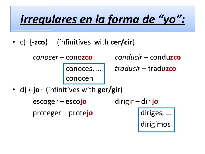 Irregulares en la forma de “yo”: • c) {-zco} (infinitives with cer/cir) conocer –