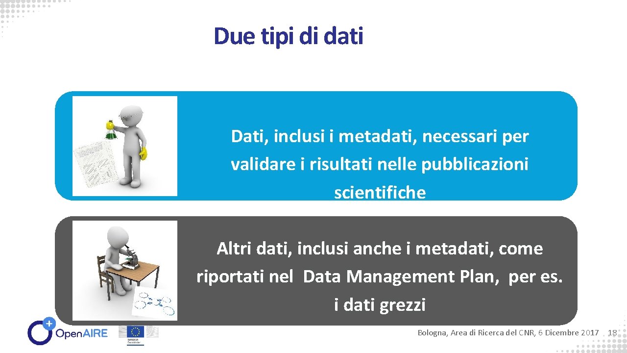 Due tipi di dati Dati, inclusi i metadati, necessari per validare i risultati nelle