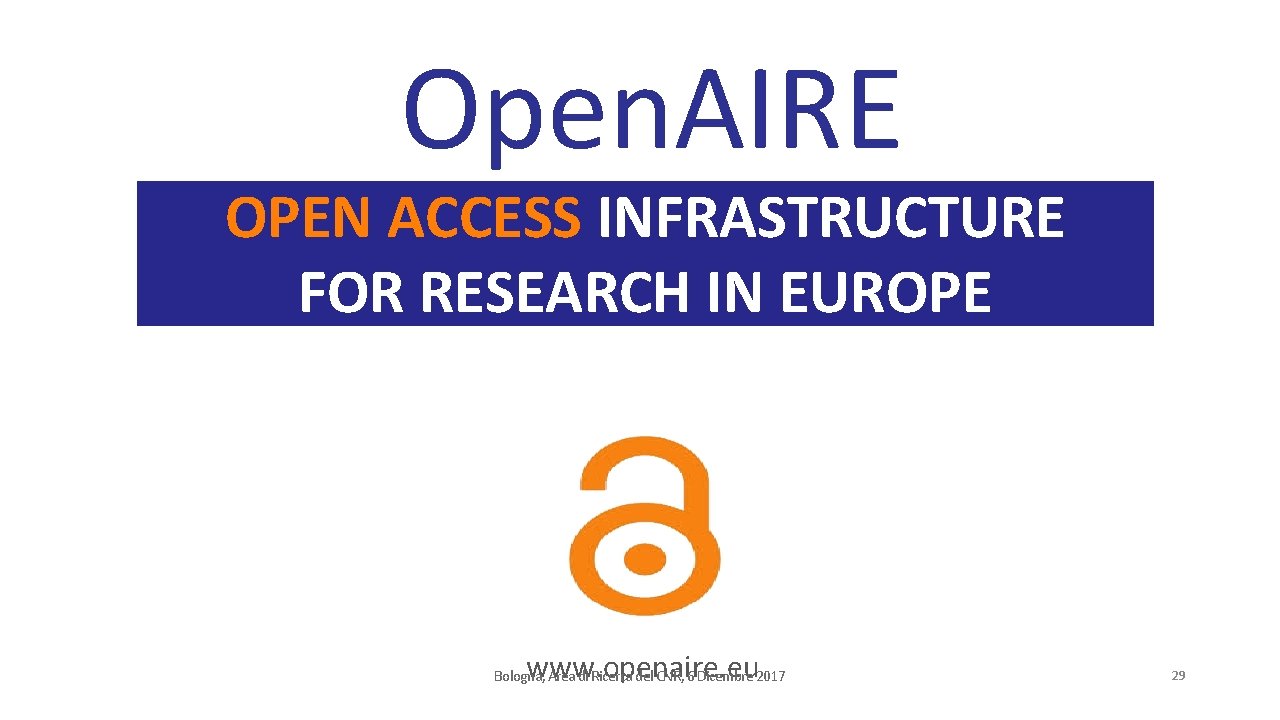 Open. AIRE OPEN ACCESS INFRASTRUCTURE FOR RESEARCH IN EUROPE www. openaire. eu Bologna, Area