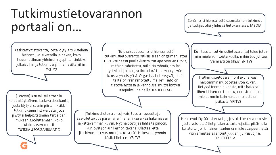 Tutkimustietovarannon portaali on… Keskitetty tietokanta, josta löytyisi tiivistelmiä hienosti, voisi katsella ja hakea, koko