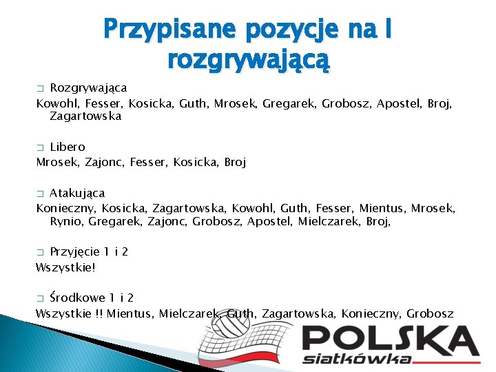 Przypisane pozycje na I rozgrywającą Rozgrywająca Kowohl, Fesser, Kosicka, Guth, Mrosek, Gregarek, Grobosz, Apostel,