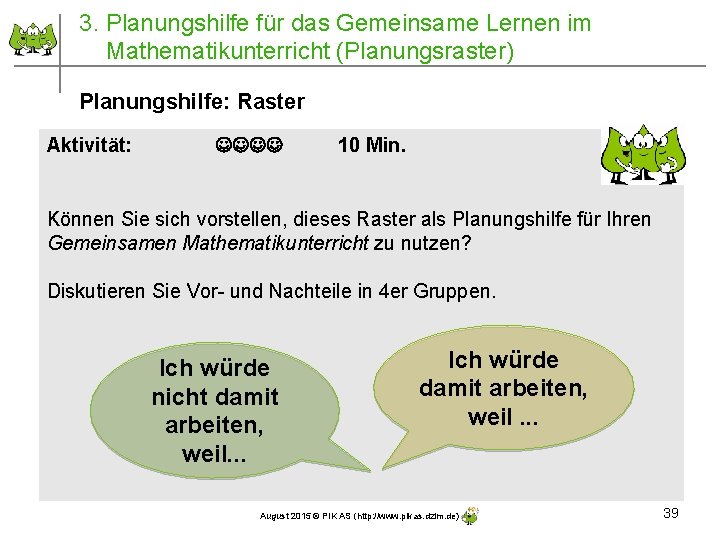 3. Planungshilfe für das Gemeinsame Lernen im Mathematikunterricht (Planungsraster) Planungshilfe: Raster Aktivität: 10 Min.