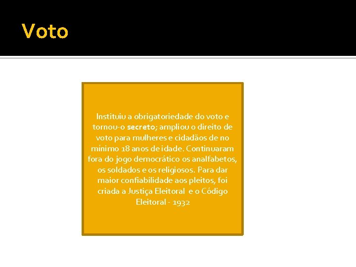 Voto Instituiu a obrigatoriedade do voto e tornou-o secreto; ampliou o direito de voto