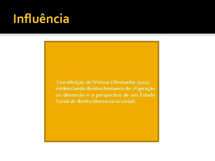 Influência Constituição de Weimar (Alemanha 1919), evidenciando direitos humanos de 2ª geração ou dimensão