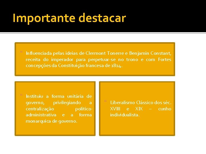 Importante destacar Influenciada pelas ideias de Clermont Tonerre e Benjamin Constant, receita do imperador