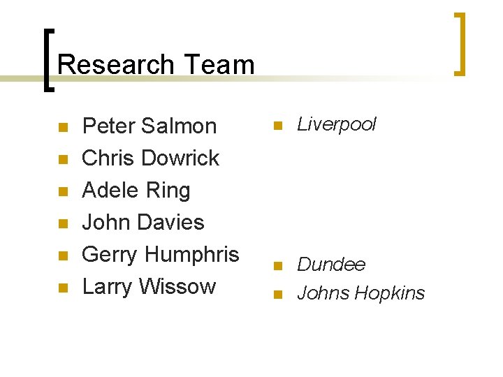 Research Team n n n Peter Salmon Chris Dowrick Adele Ring John Davies Gerry