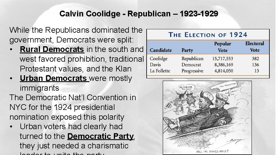 Calvin Coolidge - Republican – 1923 -1929 While the Republicans dominated the government, Democrats