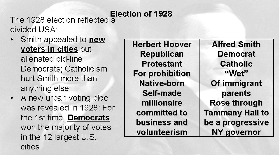 Election of 1928 The 1928 election reflected a divided USA: • Smith appealed to
