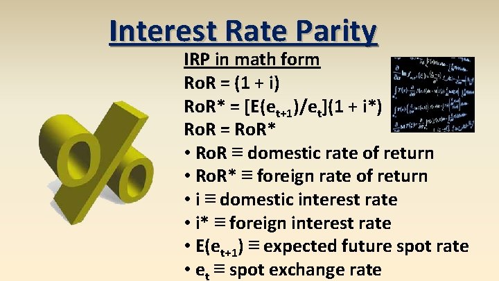 Interest Rate Parity IRP in math form Ro. R = (1 + i) Ro.