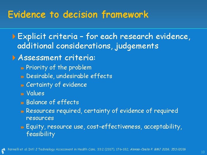 Evidence to decision framework 4 Explicit criteria – for each research evidence, additional considerations,