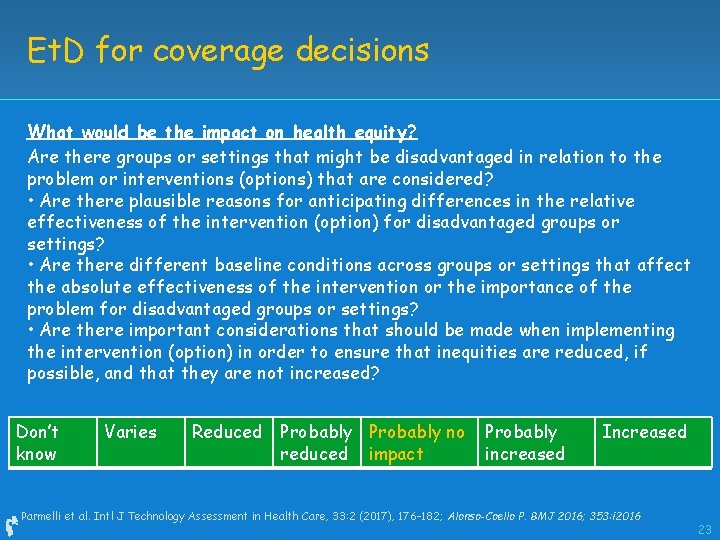 Et. D for coverage decisions What would be the impact on health equity? Are