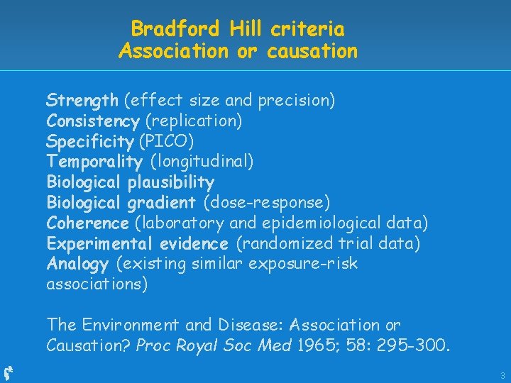 Bradford Hill criteria Association or causation Strength (effect size and precision) Consistency (replication) Specificity