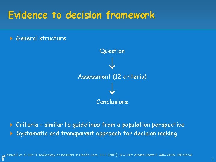 Evidence to decision framework 4 General structure Question Assessment (12 criteria) Conclusions 4 Criteria