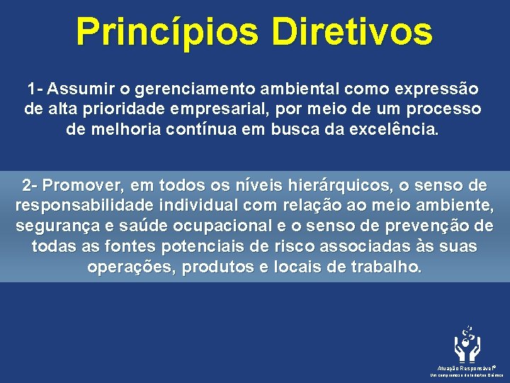 Princípios Diretivos 1 - Assumir o gerenciamento ambiental como expressão de alta prioridade empresarial,