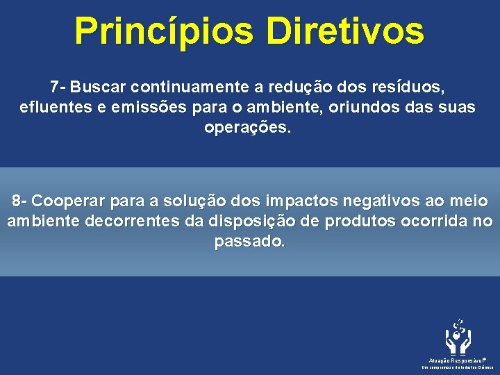 Princípios Diretivos 7 - Buscar continuamente a redução dos resíduos, efluentes e emissões para