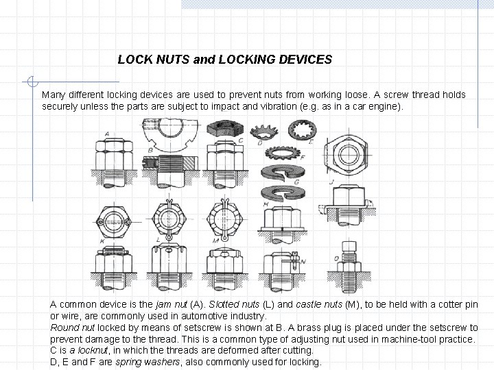 LOCK NUTS and LOCKING DEVICES Many different locking devices are used to prevent nuts