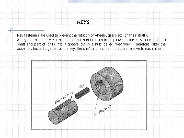 KEYS Key fasteners are used to prevent the rotation of wheels, gears etc. on