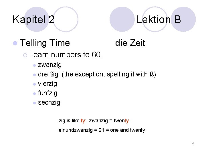 Kapitel 2 l Telling ¡ Learn Lektion B Time die Zeit numbers to 60.