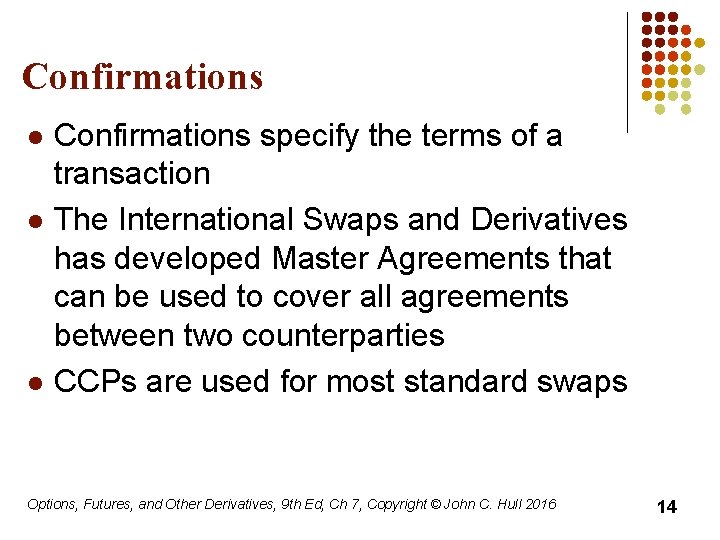 Confirmations l l l Confirmations specify the terms of a transaction The International Swaps