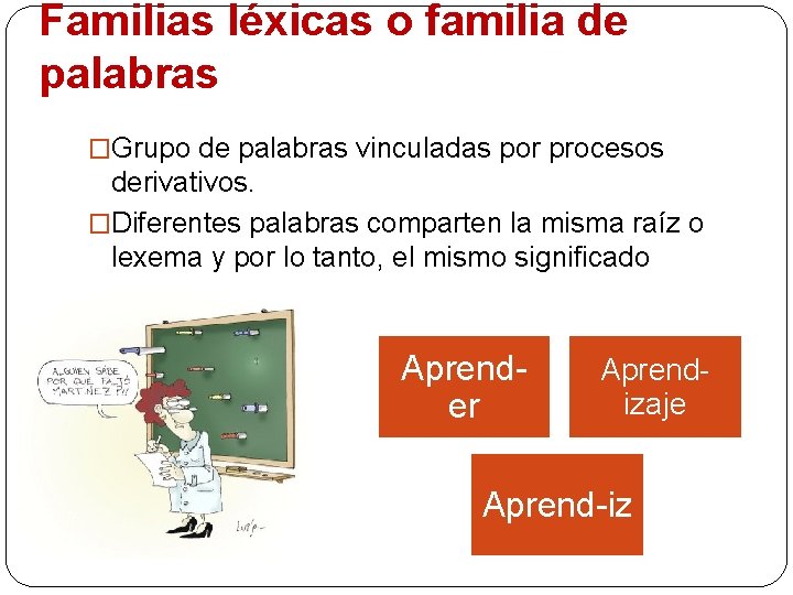 Familias léxicas o familia de palabras �Grupo de palabras vinculadas por procesos derivativos. �Diferentes