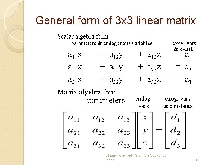 General form of 3 x 3 linear matrix Scalar algebra form parameters & endogenous