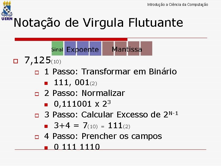 Introdução a Ciência da Computação Notação de Virgula Flutuante 7, 125(10) 1 Passo: Transformar