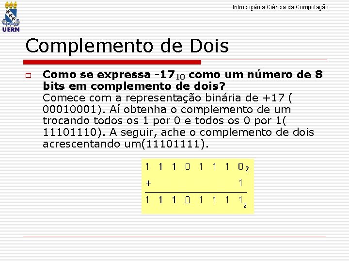 Introdução a Ciência da Computação Complemento de Dois Como se expressa -1710 como um