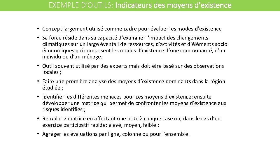 EXEMPLE D’OUTILS: Indicateurs des moyens d’existence • Concept largement utilisé comme cadre pour évaluer