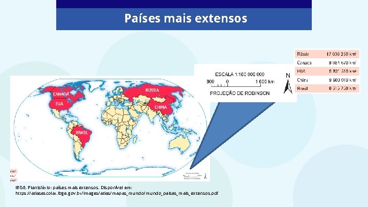 Países mais extensos IBGE. Planisfério: países mais extensos. Disponível em: https: //atlasescolar. ibge. gov.