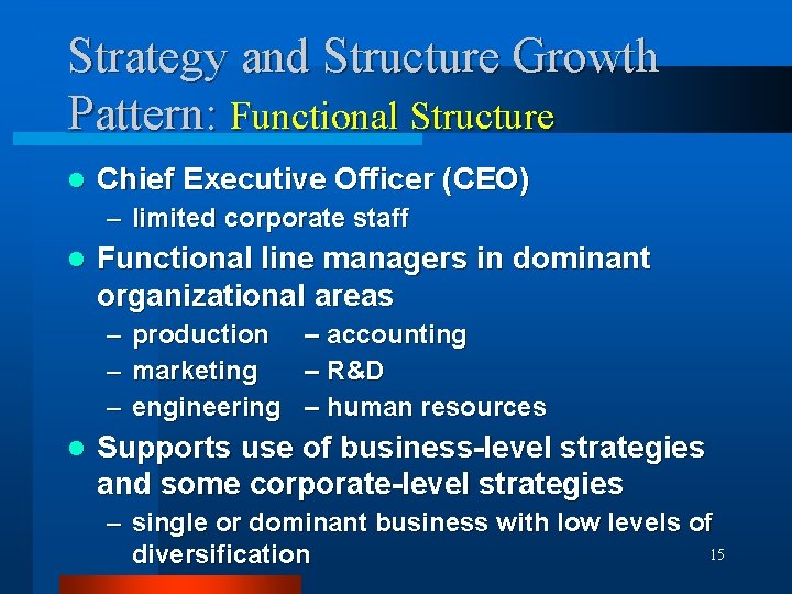 Strategy and Structure Growth Pattern: Functional Structure l Chief Executive Officer (CEO) – limited