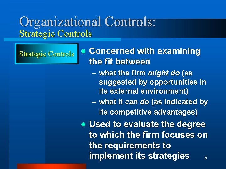 Organizational Controls: Strategic Controls l Concerned with examining the fit between – what the