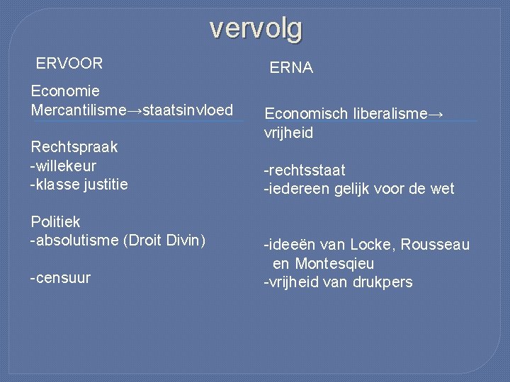 vervolg ERVOOR Economie Mercantilisme→staatsinvloed Rechtspraak -willekeur -klasse justitie Politiek -absolutisme (Droit Divin) -censuur ERNA