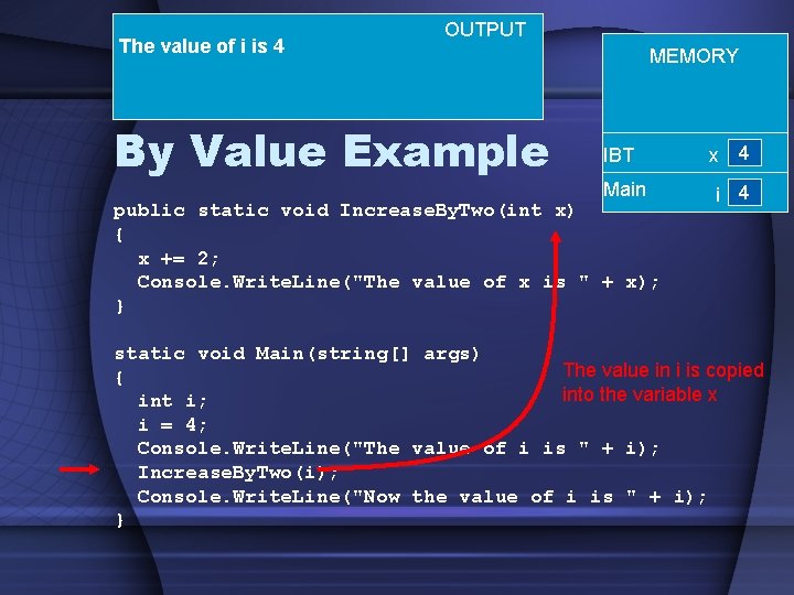The value of i is 4 OUTPUT By Value Example MEMORY IBT Main public