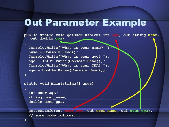 Out Parameter Example public static void get. User. Info(out int age, out string name,