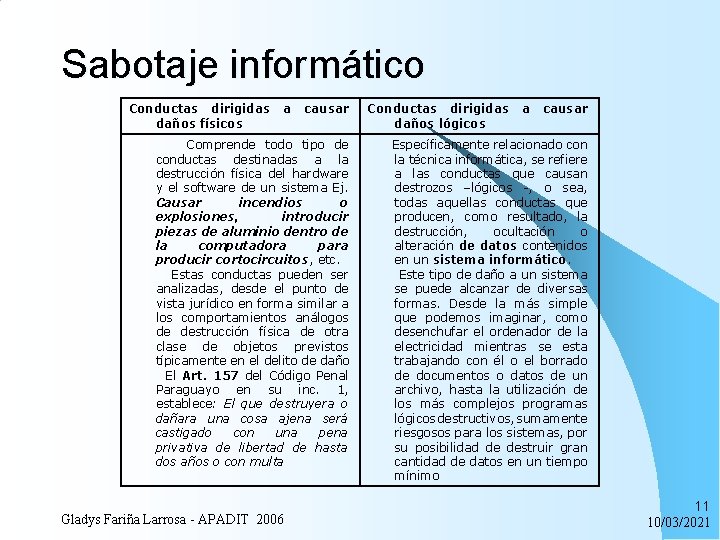 Sabotaje informático Conductas dirigidas daños físicos a causar Comprende todo tipo de conductas destinadas