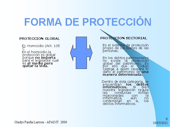 FORMA DE PROTECCIÓN PROTECCION GLOBAL Ej. Homicidio (Art. 105 C En el homicidio la