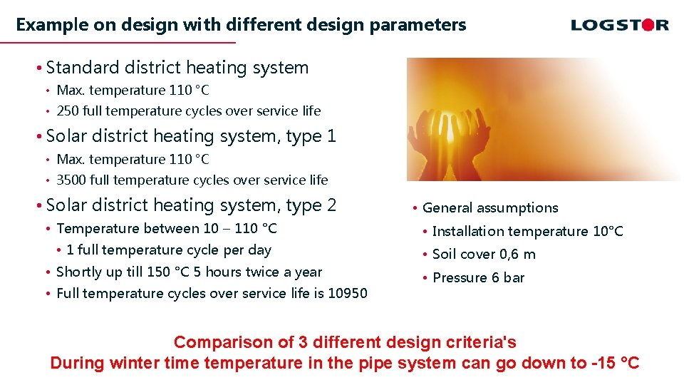 Example on design with different design parameters • Standard district heating system • Max.
