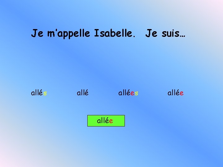 Je m’appelle Isabelle. Je suis… allés allées allée 