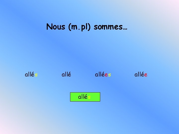 Nous (m. pl) sommes… allés allées allée 