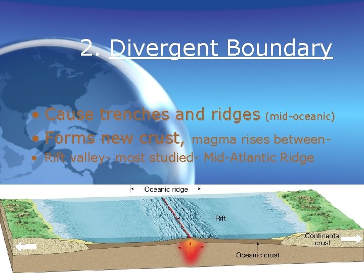 2. Divergent Boundary • Cause trenches and ridges (mid-oceanic) • Forms new crust, magma