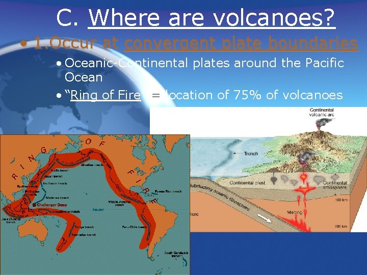 C. Where are volcanoes? • 1. Occur at convergent plate boundaries • Oceanic-Continental plates